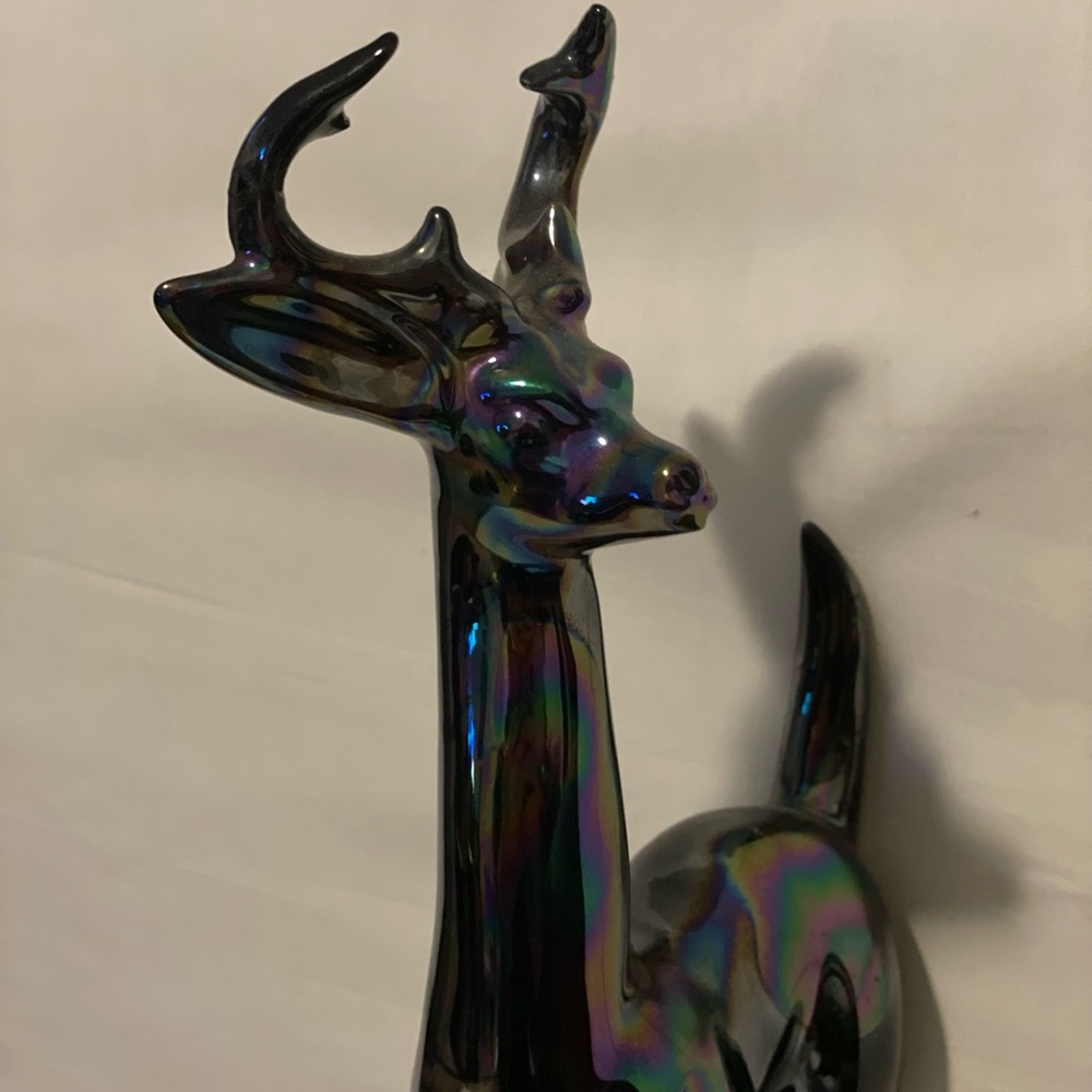 Vintage Art Deco Black Iridescent Oil Slick Deer Gazelle 12.5” Tall